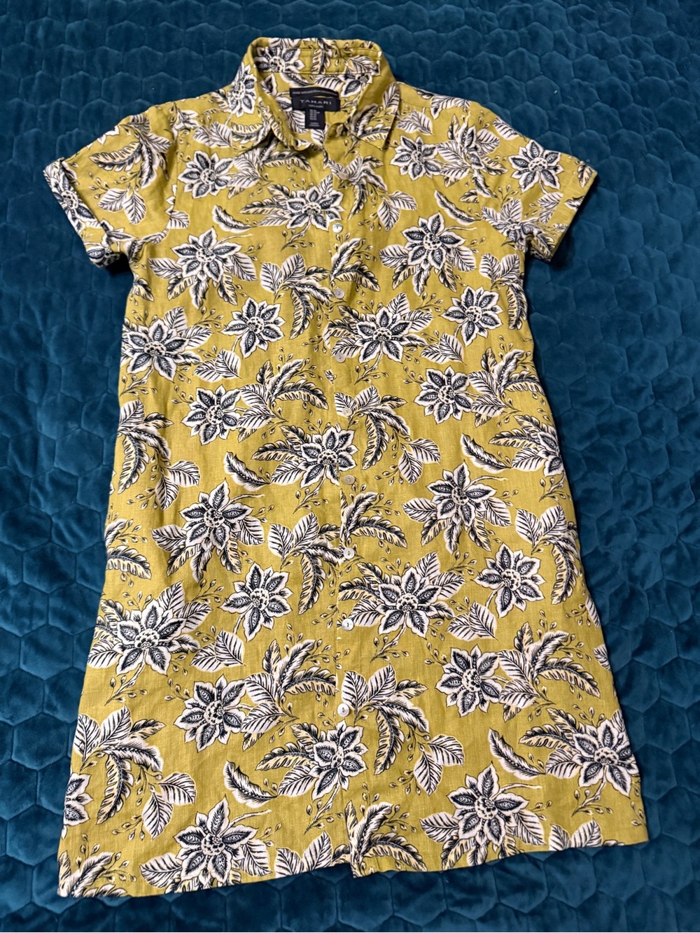 Tahari Green Olive Floral Button Down Short Sleeve 100% Linen XS Dress